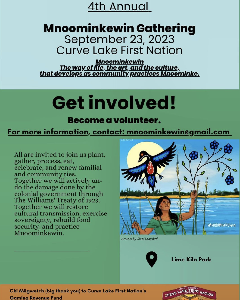 Flyer with light blue and green background with text detailing event and in large text "Get involved!"